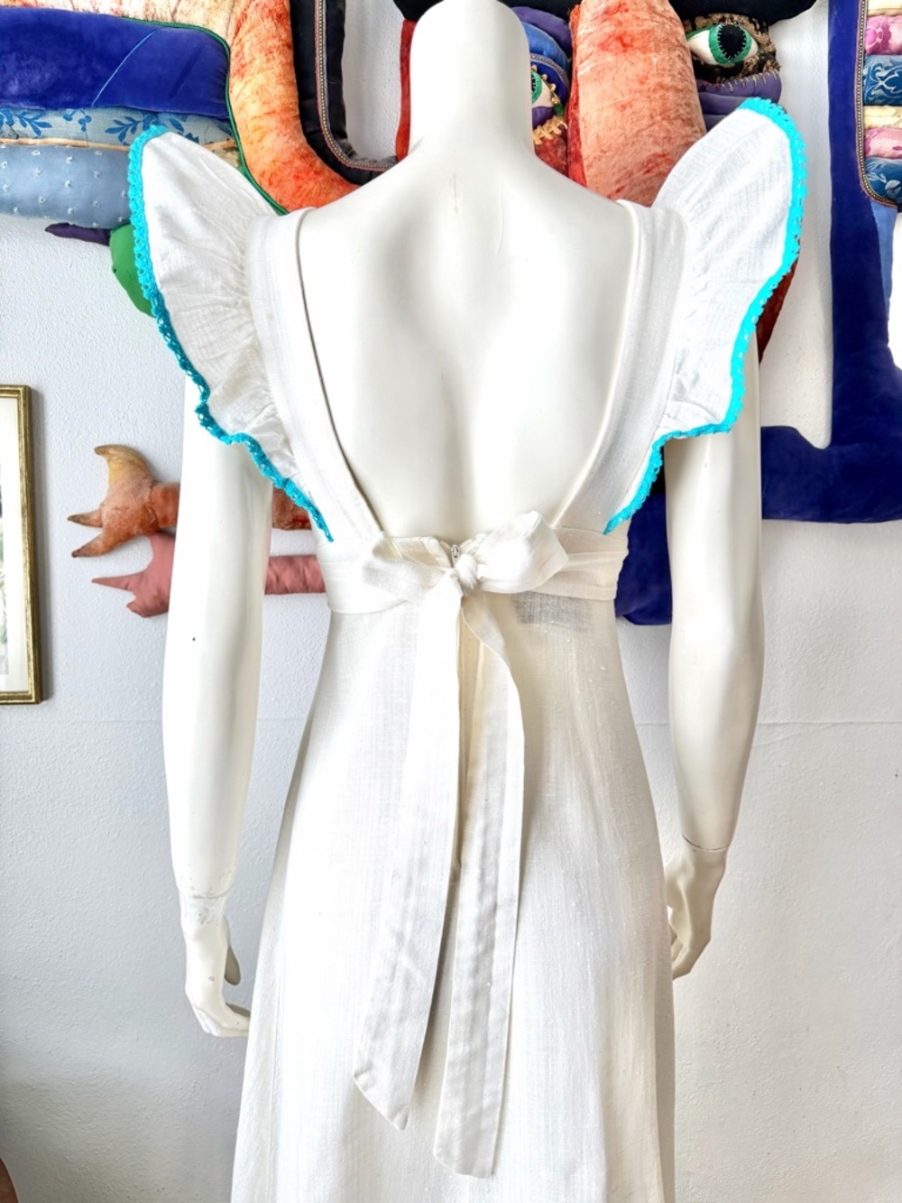 Vintage YOUNG EDWARDIAN DRESS Pinafore Ruffles Embroidered Birds 1970s Boho XS/S - Picture 5 of 11